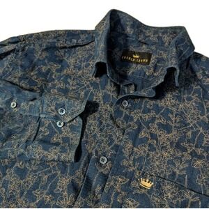 French Crown Men's Long Sleeve Button Down Shirt Blue Gold Flower Floral 42